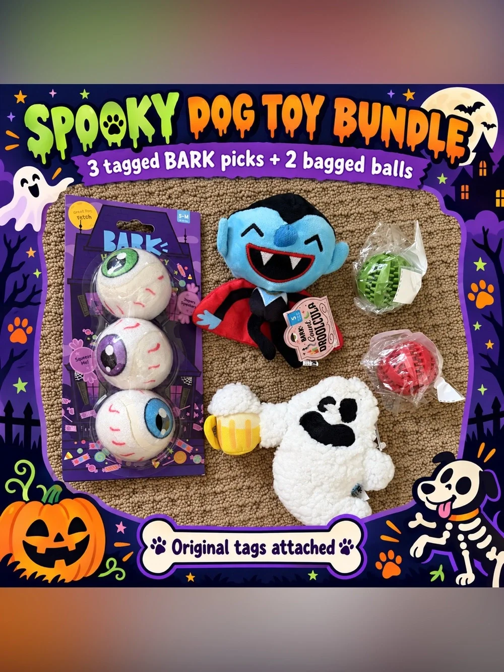 BARK Halloween 3 Dog Toys + 2 Treat Balls | New With Tags